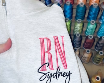 Embroidered Nurse 1/4 zip sweatshirt, Tech Nursing graduate gift RN Jacket Personalized Name and Title