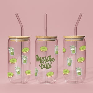 Sipper Glass, Iced Matcha Latte, coffee cup, Glass with lid and straw, cute kawaii print, tea time, gift sister mother day bestie, love