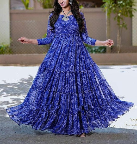 Blue Cotton Silk Puff Sleeve Printed Gown | Dresses