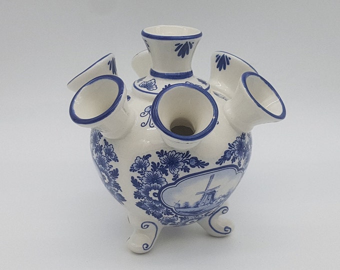 Vintage Delft Blue Tulip Vase Painted Ceramic Flower Vase Made by Delfts Blue Delfino Flower