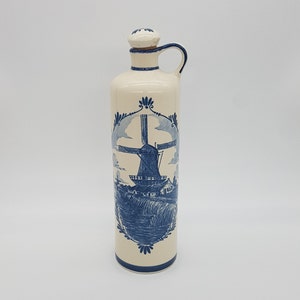 Delfts Blauwe fles, Handgeschilderde vintage Bols fles, Bloemenkan karaf, Made in Holland, Kurk deksel drank kan, Windmolen fles