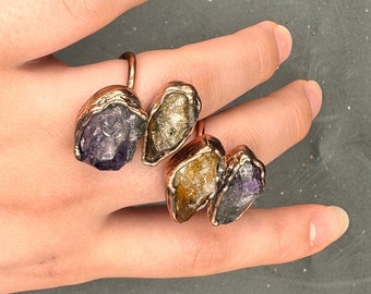 Raw Amethyst Citrine Copper Ring, Boho Adjustable Double Stone Jewelry