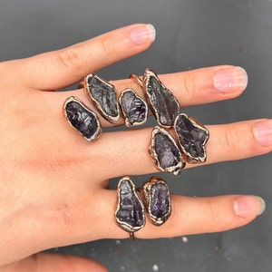 Amethyst double stone ring, handmade adjustable copper ring, healing crystal ring, gift for her