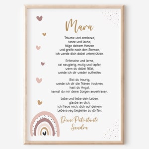 Könnte beinhalten: Ein druckbarer Kunstdruck mit einem rosa-braunen Regenbogen-Design und einem Gedicht über ein Kind namens Mara. Das Gedicht ist in deutscher Sprache verfasst und der Text "Deine Patentante Sandra" befindet sich am unteren Rand des Drucks.