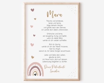 May include: A framed print with the name "Mara" in gold script. The print features a poem in German, with decorative hearts and a rainbow illustration in soft pastel colors. The text includes the name "Sandra" at the bottom.