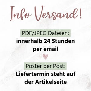 Puede incluir: Un gr&aacute;fico con el texto "Info Versand!" en fuente de escritura. Debajo, enumera los archivos PDF/JPEG disponibles en 24 horas por correo electr&oacute;nico. Tambi&eacute;n menciona los carteles por correo, con el tiempo de entrega en la p&aacute;gina del art&iacute;culo.