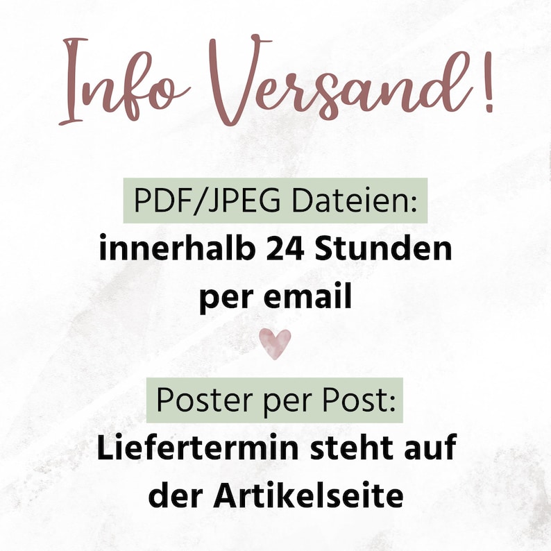 Puede incluir: Un gr&aacute;fico con el texto "Info Versand!" en fuente de escritura. Debajo, enumera los archivos PDF/JPEG disponibles en 24 horas por correo electr&oacute;nico. Tambi&eacute;n menciona los carteles por correo, con el tiempo de entrega en la p&aacute;gina del art&iacute;culo.