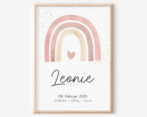 Geburtsposter | Geburtsdaten personalisiert | Kinderzimmer | Regenbogen Rosa | Mädchen