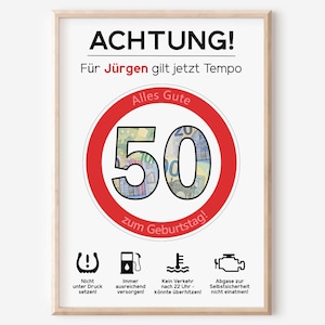 Geldgeschenk 50. Geburtstag Jubiläum runder Geburtstag Personalisiert | Lustig Witzig | Achtung Tempo Verkehrsschild