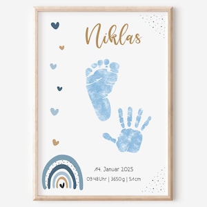 Fußabdruck Handabdruck Baby Vorlage Regenbogen | Geburtsposter | Geburtsdaten personalisiert | Kinderzimmer | Fußabdrücke Junge Blau