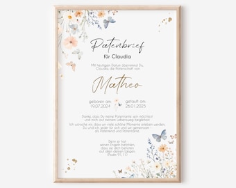 Godparent certificate for godmother and godfather | Christening gift | Personalized poster | Wildflowers | Christening gift | Christening certificate