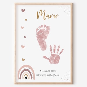 Fußabdruck Handabdruck Baby Vorlage Regenbogen | Geburtsposter | Geburtsdaten personalisiert | Kinderzimmer | Fußabdrücke Mädchen Rosa