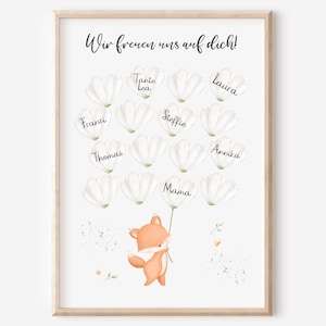 Gästebild Babyparty Ballons zum beschriften | Fuchs | Junge Mädchen | Alternatives Gästebuch Gastgeschenk Baby Shower | Poster Geburt