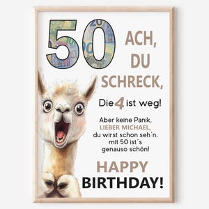 Geldgeschenk 50. Geburtstag Jubiläum runder Geburtstag Personalisiert | Lustig Witzig | Lama Alpaka Ach du Schreck