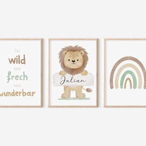 3er Set Poster | Name personalisiert | Kinderzimmer | Löwe Safari Mädchen | Jungen