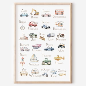 Kinderbild "ABC" Poster mit Fahrzeugen | Alphabet | Buchstaben Bild Auto | Lernposter Dekoration Kinderzimmer