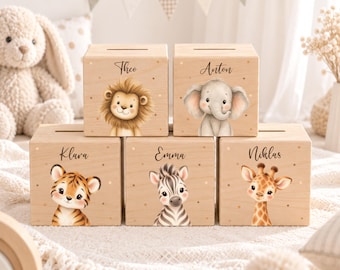 Personalized wooden money box for children with name, perfect as a gift for birthdays, christenings or starting school, safari animals