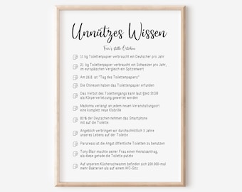 May include: A white framed poster with the title "Unnützes Wissen" and a list of fun facts about toilet paper, including how much is used per year in Germany and Switzerland, the origin of toilet paper, and other interesting trivia.