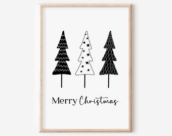 May include: A framed print featuring three stylized black Christmas trees on a white background. The central tree has star accents. The words "Merry Christmas" are written in a script font below the trees. The frame is a light wood color.