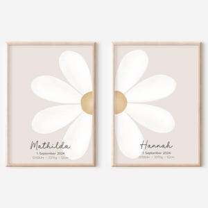 Geburtsposter Zwillinge Geschwister | 2er Set Geburtsdaten personalisiert | Kinderzimmer | Gänseblümchen Mädchen | Junge