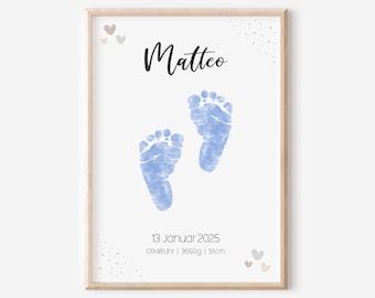 May include: A blue watercolor baby footprint print with the name Matteo, the date January 13, 2025, and the time 09:48, weight 3650g, and length 51cm.