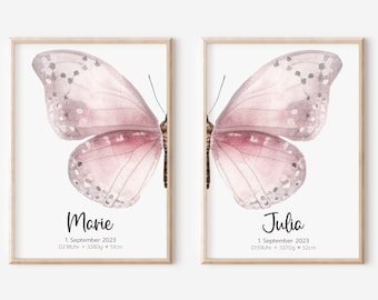 Póster de nacimiento | Gemelos | Hermanos | Detalles de nacimiento personalizados | Habitación infantil | Mariposa rosa | Niña