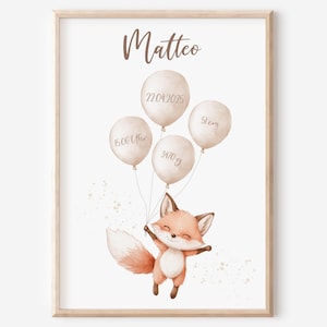Geburtsposter Fuchs Luftballons | Geburtsdaten personalisiert | Geburtstafel Kinderzimmer | Mädchen | Jungen