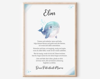 May include: A watercolor illustration of a blue whale with a light blue background. The text "Elias" is at the top of the image. The text below the whale reads: "Träume und entdecke, tanze und lache, folge deinem Herzen und greife nach den Sternen, ich werde dich dabei unterstützen. Erforsche und lerne, sei neugierig, mutig und tapfer, wenn du dabei fällst, werde ich dir wieder aufhelfen. Bist du traurig, werde ich dir die Tränen trocknen, hast du Angst, kannst du mir deine Sorgen anvertrauen. Lebe und liebe dein Leben, glaube an dich, ich freue mich, dich auf deinem Lebensweg begleiten zu dürfen. Deine Patentante Maven"