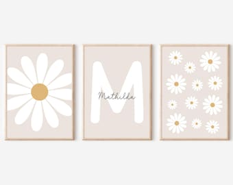 Set of 3 Daisy Posters | Flowers | Personalized with Name | Children's Room | Girls | Boys