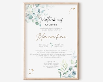 May include: A printable green and white watercolor floral design with gold text. The text reads "Patenbrief für Claudia" and includes the name "Maximilian", the dates "22.07.2022" and "09.10.2022", and a quote from Psalm 91:11.