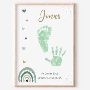 Fußabdruck Handabdruck Baby Vorlage Regenbogen | Geburtsposter | Geburtsdaten personalisiert | Kinderzimmer | Fußabdrücke Junge Mädchen Grün