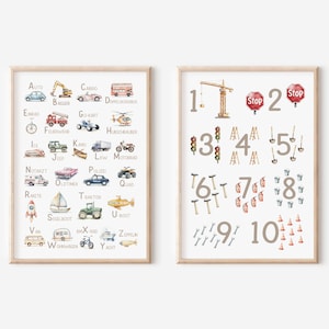 2er Set ABC und Zahlen Poster mit Fahrzeugen | Alphabet | Buchstaben Bild | Kinderbild | Lernposter | Dekoration Kinderzimmer