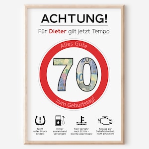 Geldgeschenk 70. Geburtstag Jubiläum runder Geburtstag Personalisiert | Lustig Witzig | Achtung Tempo Verkehrsschild