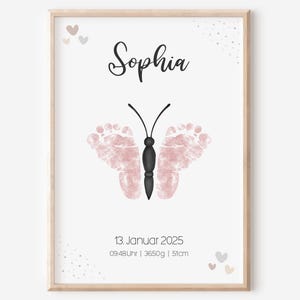 Geburtsposter Fußabdruck Baby Vorlage | Geburtsdaten personalisiert | Kinderzimmer | Schmetterling Mädchen