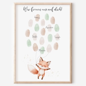 Gästebild Babyparty Fingerabdruck Fingerabdrücke | Fuchs | Junge Mädchen | Gästebuch Gastgeschenk Baby Shower | Poster Geburt