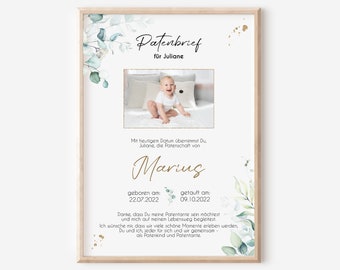 May include: A printable digital download for a godparent announcement. The announcement features a watercolor floral design with a photo of a baby in a white onesie. The text reads "Patenbrief für Juliane" and includes the baby's birth and baptism dates.