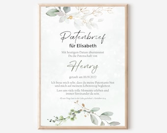 Godparent certificate for godmother and godfather | Baptism gift | personalized | Eucalyptus | Christening gift | Baptism certificate | Gold