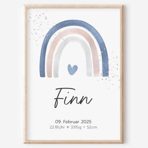 Peut inclure: Un arc-en-ciel aquarelle dans des tons de bleu et de rose avec un petit c&oelig;ur au centre. Le nom "Finn" est &eacute;crit sous l'arc-en-ciel, ainsi que la date "09. Februar 2025", l'heure "22:18 Uhr", le poids "3315g" et la taille "52 cm".