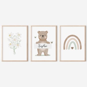 3er Set Poster | Name personalisiert | Kinderzimmer | Bär Bienen Blumen Mädchen | Jungen