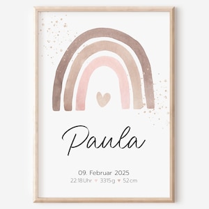 Geburtsposter | Geburtsdaten personalisiert | Kinderzimmer | Regenbogen Rosa Braun | Mädchen