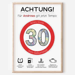 Geldgeschenk 30. Geburtstag Jubiläum runder Geburtstag Personalisiert | Lustig Witzig | Achtung Tempo Verkehrsschild