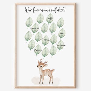Gästebild Babyparty Blätter zum beschriften | Reh | Junge Mädchen | Alternatives Gästebuch Gastgeschenk Baby Shower | Poster Geburt