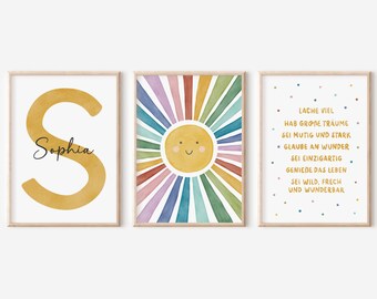 Set of 3 Posters: Sun and Rainbow | Sunbeams Affirmation | Personalized with Name | Children's Room | Girls | Boys