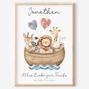 Könnte beinhalten: Gerahmter Kunstdruck mit einer Aquarellillustration der Arche Noah, gefüllt mit Tieren. Die Arche schwimmt auf blauen Wellen, mit herzförmigen Luftballons mit Zahlen darüber. Der Name "Jonathan" steht oben, darunter deutscher Text.