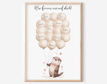 May include: A framed art print featuring a watercolor illustration. A cute otter holds balloons with names, and hearts float around it. The text at the top says "Wir freuen uns auf dich!"