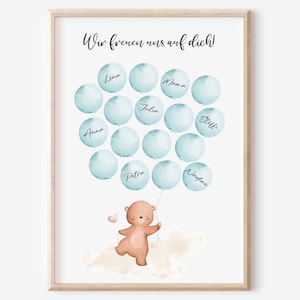 Gästebild Babyparty Ballons zum beschriften | Hase | Junge Mädchen | Alternatives Gästebuch Gastgeschenk Baby Shower | Poster Geburt
