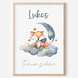 Poster Fuchs | Gute Nacht Bild personalisiert | Kinderzimmer | Träum Schön | Junge | Blau