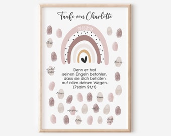 May include: A framed print with a rainbow design and the text "Taufe von Charlotte" and "09.06.2021". The print includes fingerprints and a Bible verse. The color palette includes shades of pink, brown, and beige.