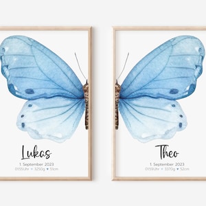 Geburtsposter | Zwillinge | Geschwister | Geburtsdaten personalisiert | Kinderzimmer | Blau Schmetterling | Jungen