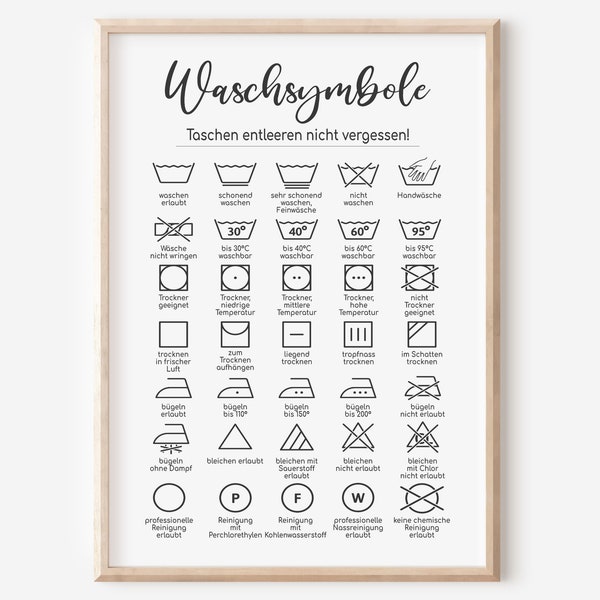 Waschsymbole Poster | Waschküche | Wäsche | Toilette | Badezimmer | Gäste WC | Minimalistisch | schwarz weiß | Download